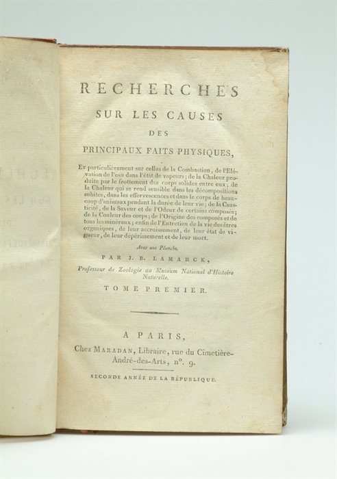 Recherches sur les Causes des Principaux faits Physiques, Et particulierement sur celles de la Combustion, de l'Elévation de l'eau dans l'état de vapeurs; de la Chaleur produite....2 vols.