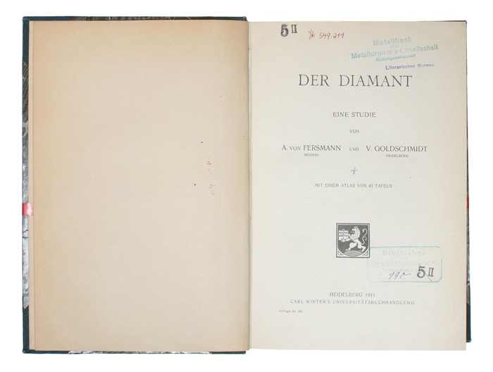 Der Diamant. Ein Studie. Mit einem Atlas von 43 Tafeln.