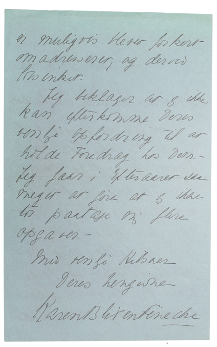 Orig. handwritten and signed letter for "Kjære Fru Munch Andersen." (Dear Mrs. Munch Andersen).