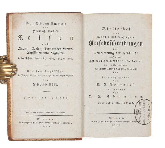 Reisen nach Indien, Ceylon, dem rothen Meere, Abyssinien und Aegypten, in den Jahren 1802, 1803, 1804, 1805 u. 1806. Aus dem Englischen im Auftrage übersetzt und mit einigen Anmerkungen begleitet von Freidrich Rühs. 1.-2. Theil. (2 Bde).
