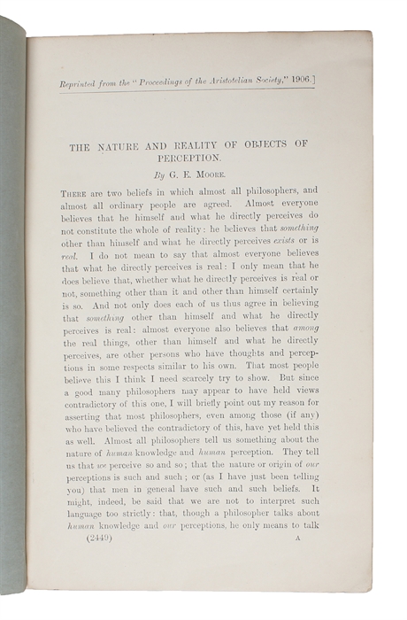 The Nature and Reality of Objects of Perception. Reprinted from the "Proceedings of the Aristotelian Society," 1906.