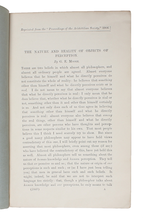 The Nature and Reality of Objects of Perception. Reprinted from the "Proceedings of the Aristotelian Society," 1906.