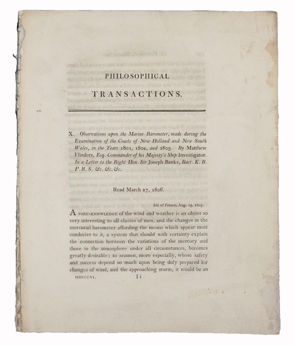 Observations upon the Marine Barometer, made during the Examination of the Coasts of New Holland and New South Wales, in the years 1801, 1802, and 1803. Read March 27, 1806.