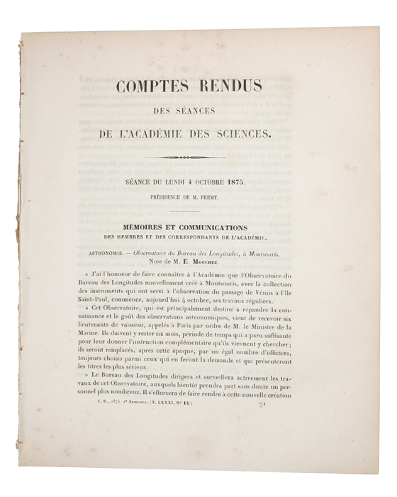 Résultats obtenus dans les essais d'applications industrielles de la chaleaur solaire. [In: "Comptes Rendus Hebdomadaires des Séances de L'Academie des Sciences", Tome LXXXI (No.14)].