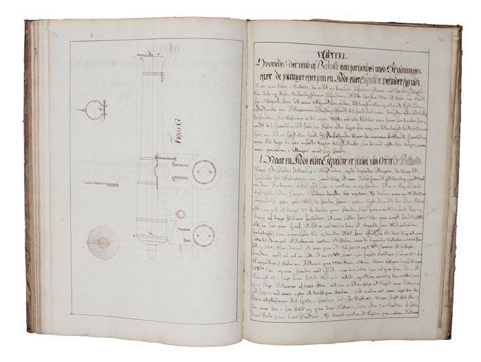 Manuskriptet består af 5 dele samt en 6. del, som muligvis er uafsluttet (om krudts bestandele og tilberedning etc.). 1. Aritmetik, mål og vægt, ballistik etc. - 2. Skibskanoners indretning... - 3. Kanoners indstilling og indretning på skibene... - 4. ...