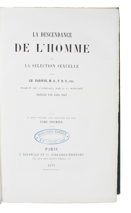La Descendance de l'Homme et la Sélection Sexuelle.  [i.e. English: "Descent of Man", Translated by J. J. Moulinié ]. 2 vols.