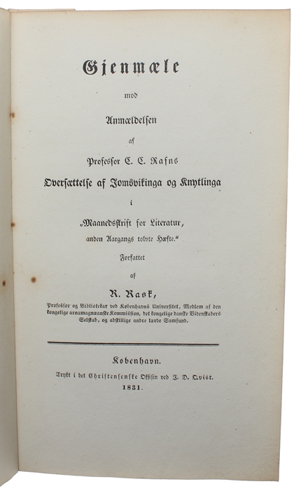 Gjenmæle mod Anmældelsen af Professor C.C. Rafns Oversættelse af Jomsvikinga og Knytlinga i "Maanedsskrift for Litteratur, anden Aargangs tolvte Hæfte."
