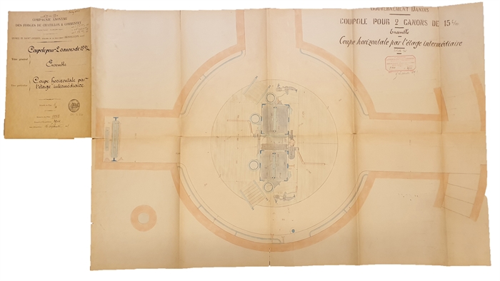 Forges de Chatillon et Commentry. Coupole a 2 Canons de 15 C/M Longs exécutée pour le Gouvernement Danois. Type de Chatillon et Commentry. Usine de St Jacques à Montlucon (Allier). Descriptions and text in 3 booklets + plates.