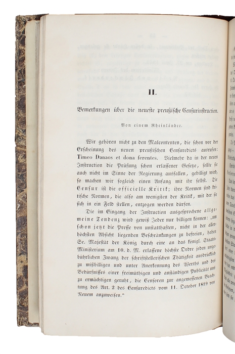 Anekdota zur neuesten deutschen Philosophie und Publicistik von Bruno Bauer, Ludwig Feuerbach, Friedrich Köppen, Karl Nauwerk, Arnold Ruge und einigen Ungenannten. 2 bde. [(Marx): Bemerkungen über die neueste preußische Censurinstruction. Von einem Rh...