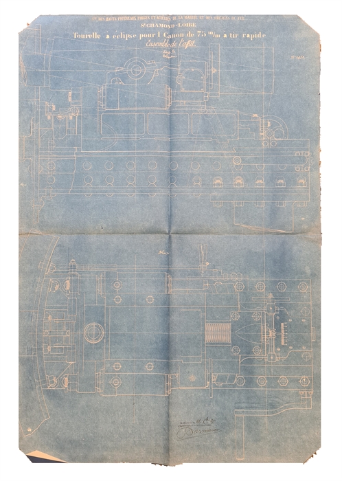 Extensive collection of technical drawings of "Tourelle à éclipse pour canon 1 Canon de 75 m/m á tir rapide", manufactured at Saint-Chamond, Loire. 