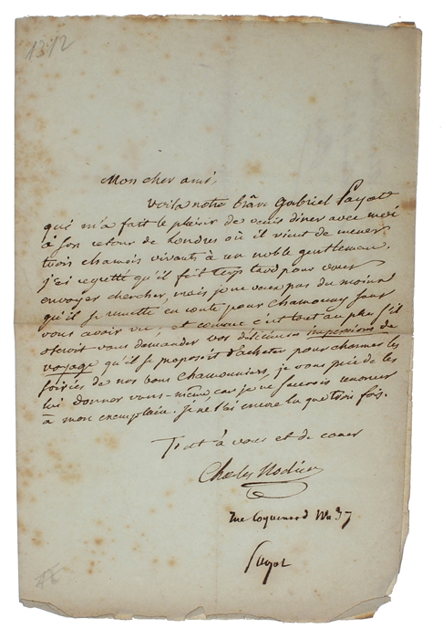 Autograph letter signed "Charles Nodier" written out to his friend Alexandre Dumas "Mon cher ami,..."