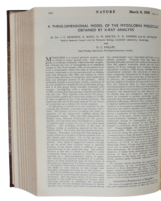 A Three-Dimensional Model of the Myoglobin Molecule Obtained by X-ray Analysis [in Nature 181, 1958] (+) Structure of Myoglobin: A Three-Dimensional Fourier synthesis at 2 Å Resolution [in Nature 185, 1960].