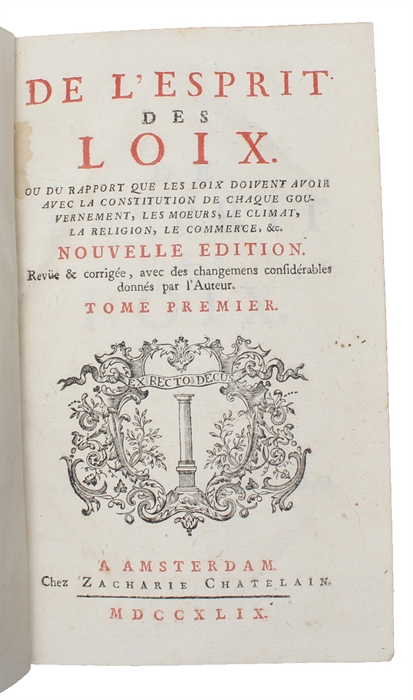 De L' Esprit des Loix. Nouvelle Edition. Revue et corrigee. 3 parts.