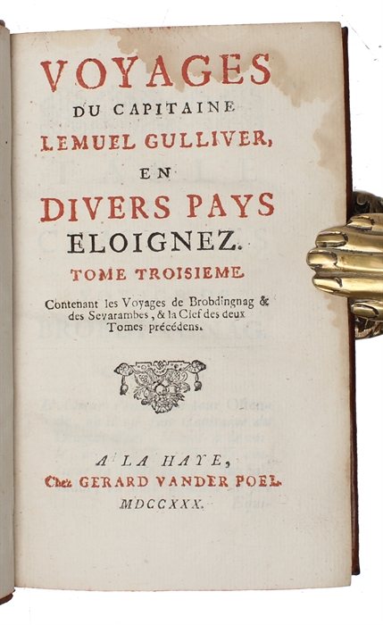 Voyages du capitaine Lemuel Gulliver, en divers pays éeoignez. 3 vols. 