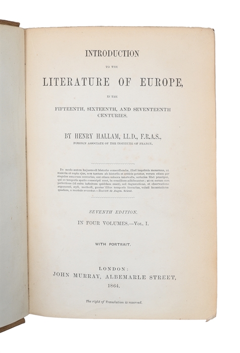 Introduction to the Literature of Europe, in the Fifteenth, Sixteenth, and Seventeenth Centuries. Seventh Edition. 4 vols. 