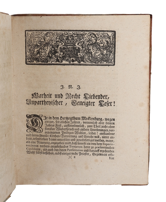 Vier berühmter theologischen Facultäten Responsa und Belehrungen über die Frage: Ob bey einer ordentlich-recht-mässigen Priester-Wahl der Superintendens und Ministerium könne davon ausgeschlossen werden? (+) Eines Fürstlich-Mecklenburgischen The...
