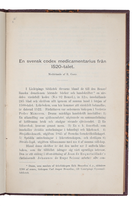 En svensk codex medicamentarius från 1520-talet. (Offprint from "Farmaceutisk tidskrift"). 