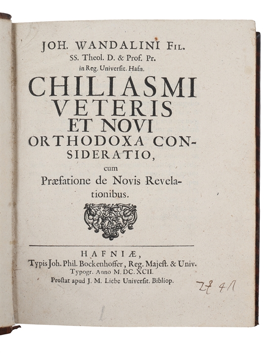 - Hans Wandal: Chiliasmi veteris et novi orthodoxa consideratio. Copenhagen, Bockenhoffer for Liebe, 1692.
- Johann Wilhelm Petersen: Send-Schreiben an einige Theologos... (No place, nor printer), 1692.
- Idem: Weiteres Nachdencken... vom Chiliastisch...