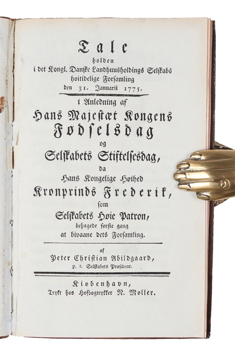 Tale holden i det Kgl. Danske Landhuusholdings Selskabs høitidelige Forsamling den 31 Jamarii 1775. I Anledning af hans Majestæt Kongens Fødselsdag...