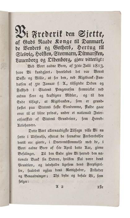 Octroy for Nationalbanken i Kjøbenhavn paa 90 aar. Louisenlund, den 4de Julii 1818