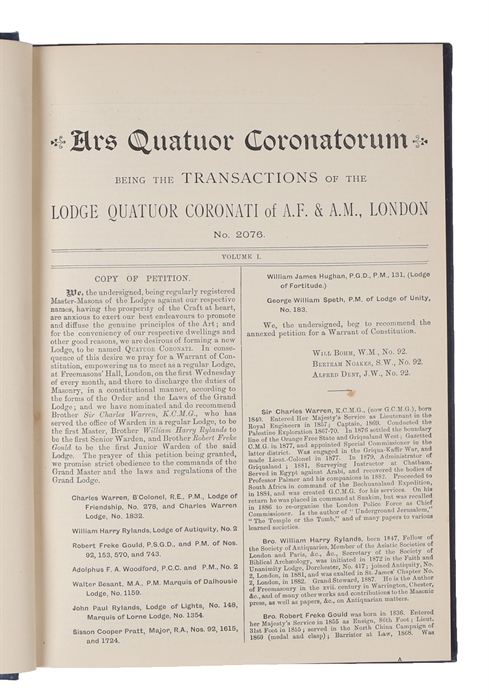 Ars Quatuor Coronatorum, being the Transactions of the Lodge Quatuor Coronati, no. 2076, London. Vols. 1 - 135 (1886 - 2022)