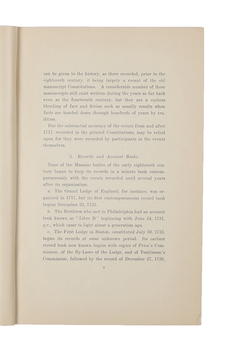 Author's Proof of Address on Freemasonry in America Prior to 1750. (Printed in the lower margin:) This matter in NOT RELEASED for publication or for quatation until after revision by the author and publication by authority of the Grand Lodge of Mason...