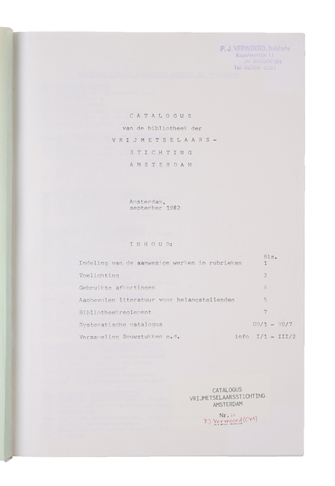 Catalogus van de bibliotheek der Vrijmetselaarsstichting Amsterdam.