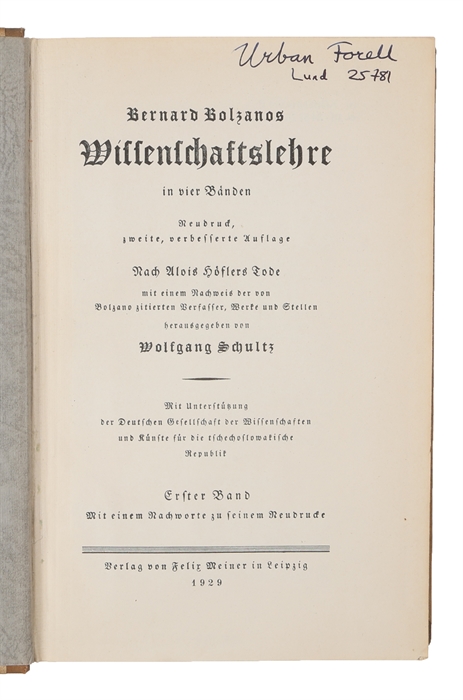 Wissenschaftslehre in vier Bänden. Mit einem Nachweis der von Volzano ziterten Verfasser, Werke und Stellen hrsg.von W.Schultz. 4 vols. 