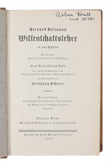 Wissenschaftslehre in vier Bänden. Mit einem Nachweis der von Volzano ziterten Verfasser, Werke und Stellen hrsg.von W.Schultz. 4 vols. 