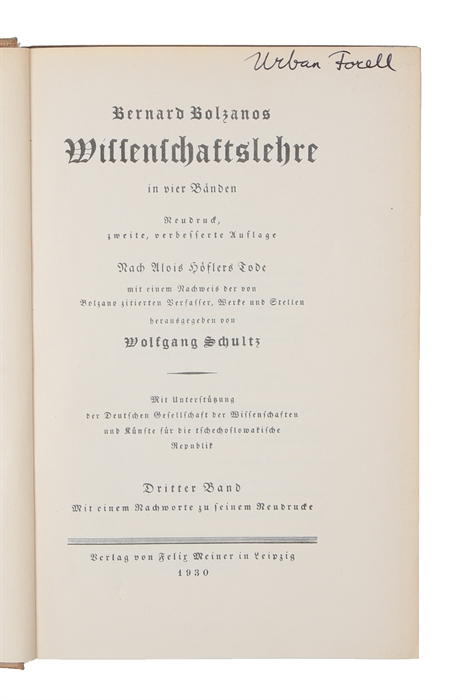 Wissenschaftslehre in vier Bänden. Mit einem Nachweis der von Volzano ziterten Verfasser, Werke und Stellen hrsg.von W.Schultz. 4 vols. 