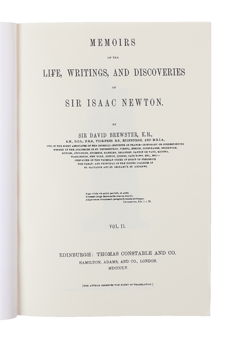 Memoirs of the Life, Writings, and Discoveries of Sir Isaac Newton. 2 vols. 